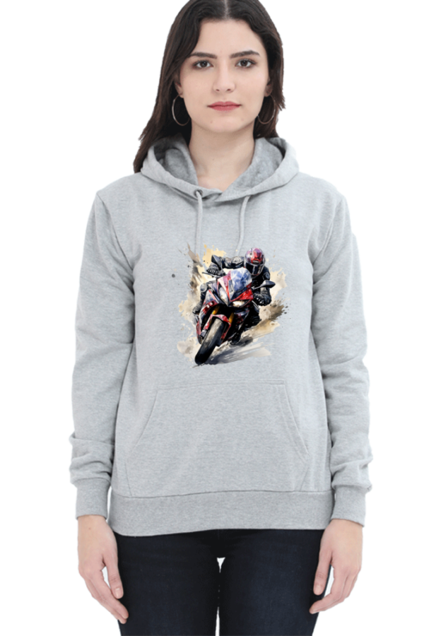 Women's Grey Hoodie with Bold Motorcycle Graphic - Image 4